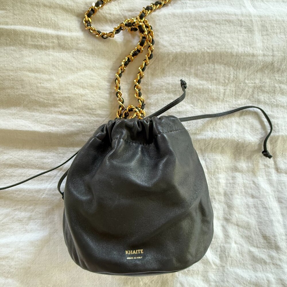 Khaite Medium Aria Bucket Bag Purse - Black Nappa Leather Gold Chain Strap